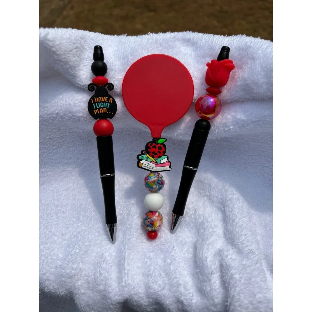 Ladybug Rose Beaded Pen and Mirror Set Red Black Teacher Gift 3 Piece